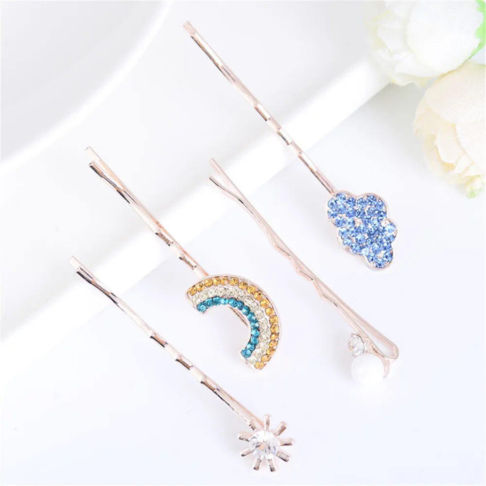 

4 шт., модные женские заколки для волос с жемчужинами для девочек, заколки для волос с радужным облаком, заколка для волос с кристаллами и стр...