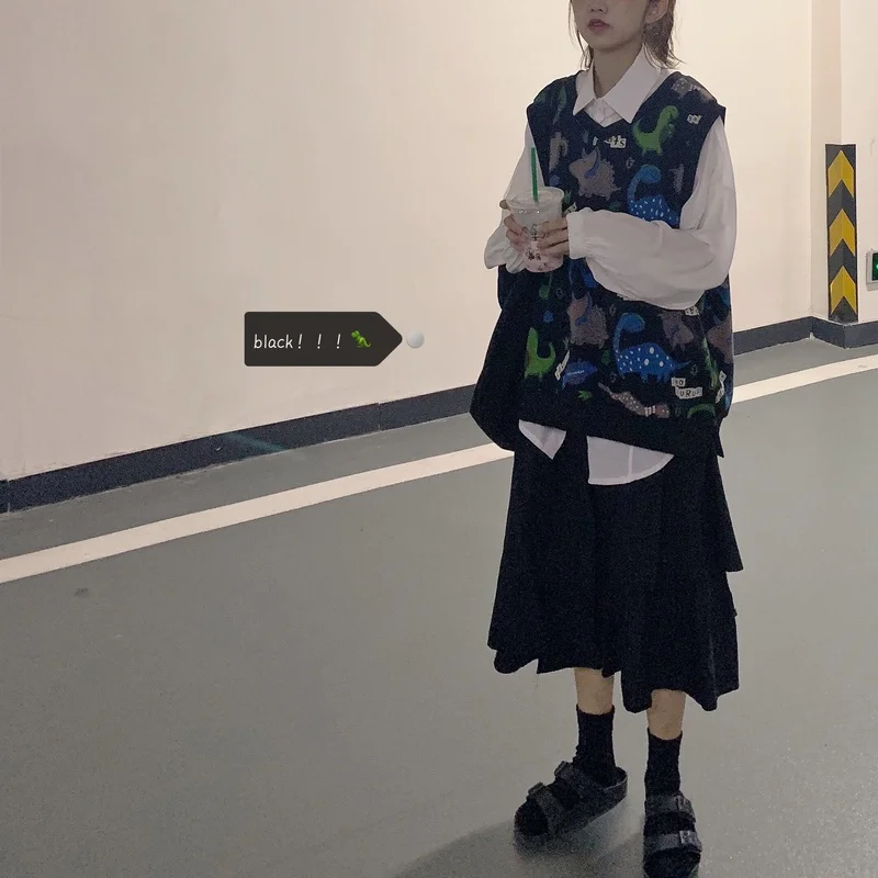 Woherb Женский вязаный жилет с v-образным вырезом Harajuku Kawaii с рисунком динозавра Женский Повседневный безрукавный вязаный жилет
