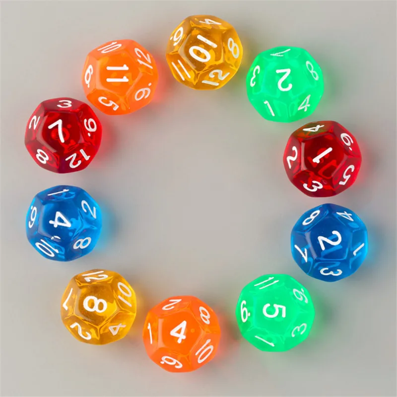 

5pcs/set Clear 5 colors D12 Acrylic Dice with number 1-12 Gaming Color Dices For Board Games Count Tools