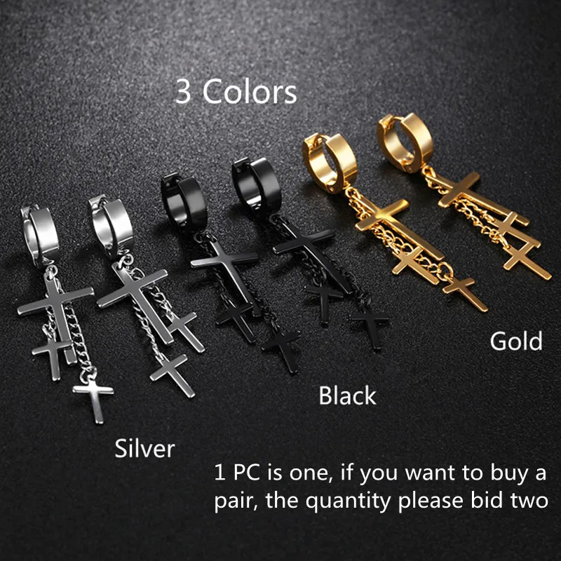 

3 Crosses Tassels Stainless Steel New Vintage Hip-Hop Steampunk Punk Jewelry Stud Earring Cool Fashion For Unisex Women Men