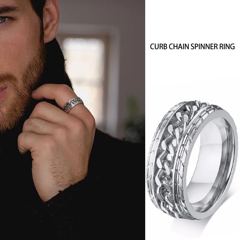 

Men Spinner Ring Cuban Curb Chain with Tire Edge Stainless Steel Masculinity Fashion Man Jewelry Black Silver Color Gold Color