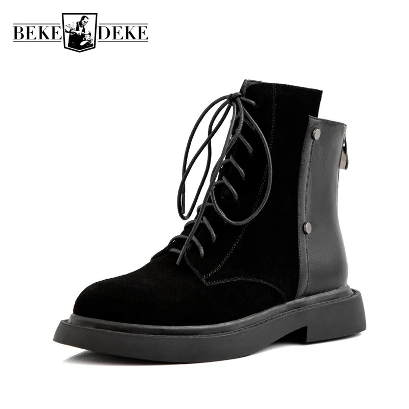 

British Style Real Leather Spliced Boots Women Round Toe Lace Up Ankle Boots Vintage Fashion Cow Suede Flat Boots Female 34-40