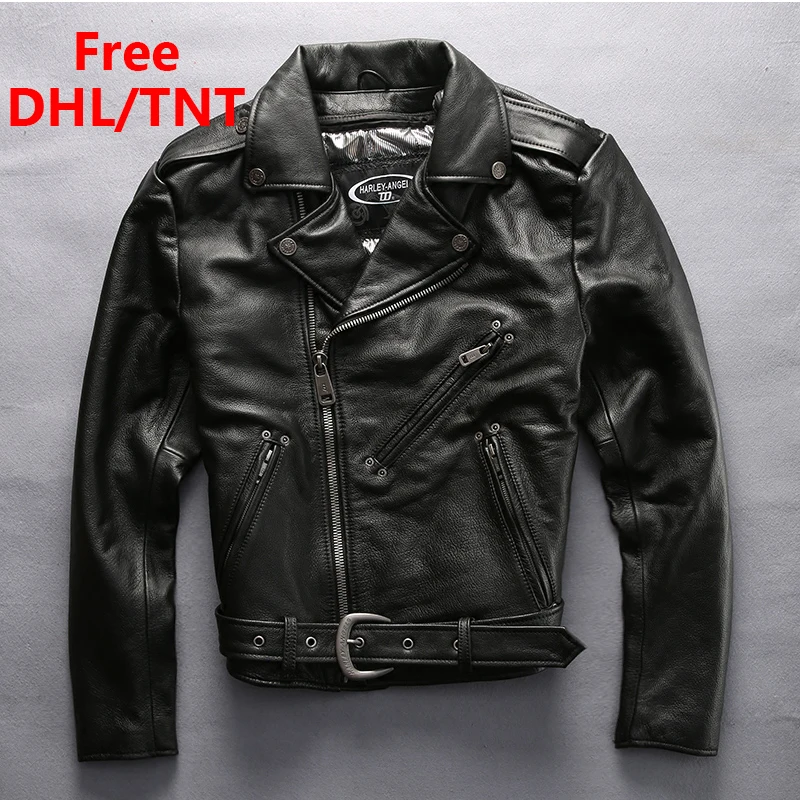 

Мужская мотоциклетная куртка из натуральной кожи, черная Толстая байкерская куртка из воловьей кожи, Повседневная быстрая доставка, беспла...
