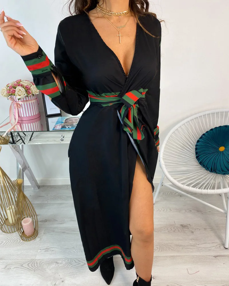 

Женское платье с длинным рукавом, Элегантное Длинное Вечернее Платье С барочным принтом цепей и глубоким V-образным вырезом, платье с поясом...