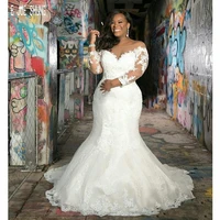 e jue shung african mermaid wedding dresses long sleeve sheer scoop neck appliques lace up back bridal gowns plus size