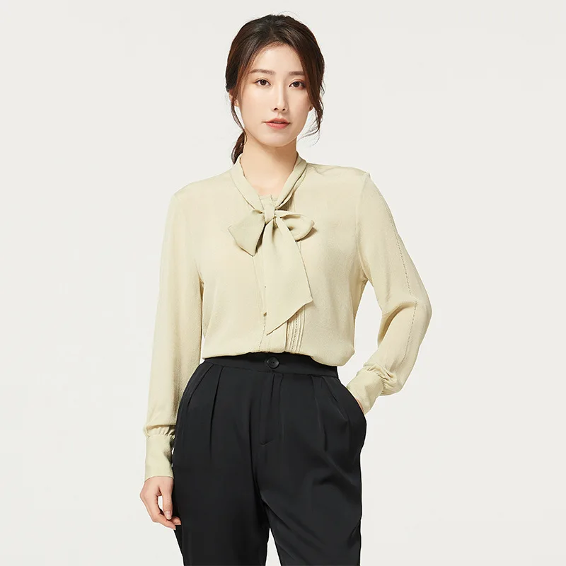 

Женская шелковая рубашка, весна-осень 2021, рубашка с длинным рукавом, яркий Приталенный топ из шелка тутового шелкопряда с бантом и лентой