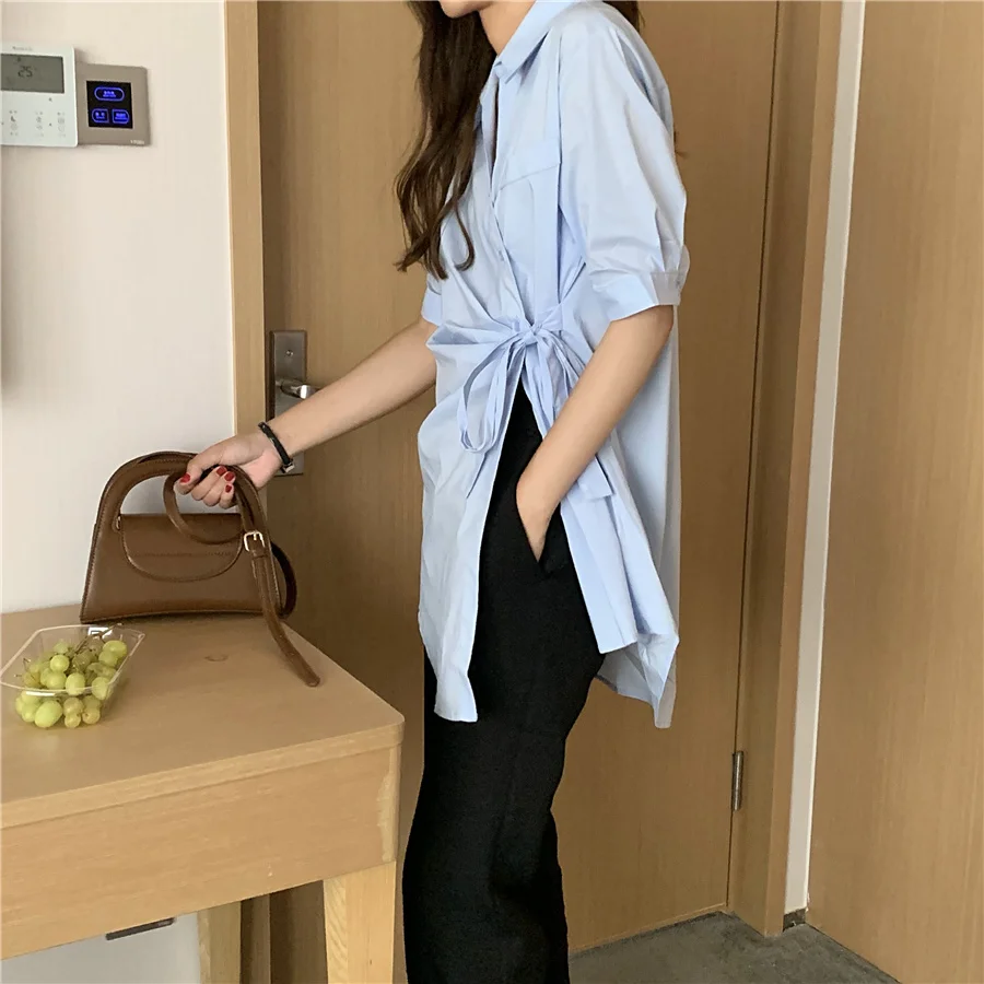 

SuperAen 2021 Korean Fashion Top Woman White Shirts Casual Asymmetric Fashion White Blue Short Sleeve Office Lady Blouses