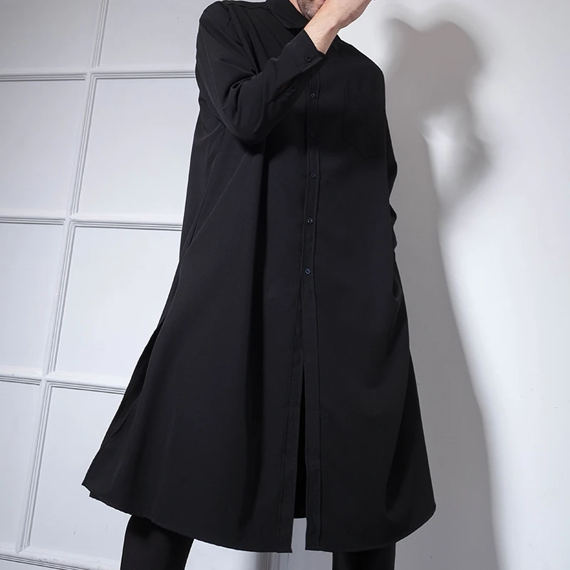 Мужская рубашка с длинным рукавом Супер длинная темно синяя разрезом сбоку