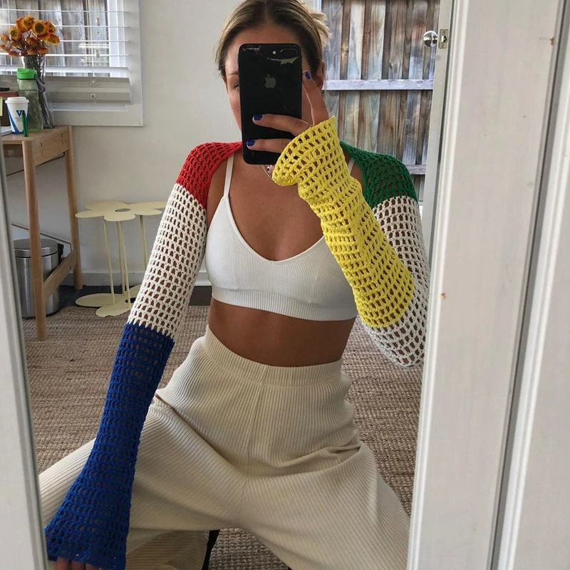 Кроп-топ женский трикотажный с длинным рукавом составного кроя | Женская одежда