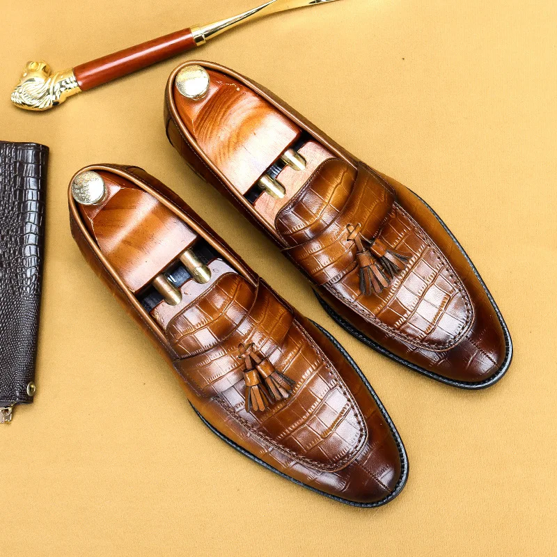 

Men's Genuine Leather Business Casual British Style Tassel Plaid Embossed Cowhide Men's Shoes Men Loafers Shoes