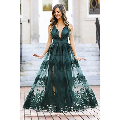Длинные Сексуальные вечерние платья с глубоким v образным вырезом сетчатые