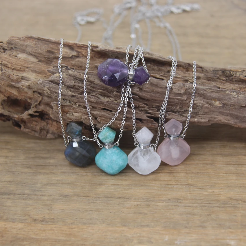 

Серебристые цепочки, мини-подвеска в виде флакона духов, драгоценные камни, флакон с эфирным маслом, Очаровательное ожерелье, Женские Ювели...