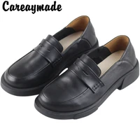 careaymade womens flat heel soft sole retro british style small cowhide genuine leather shoes womens handmade single shoes