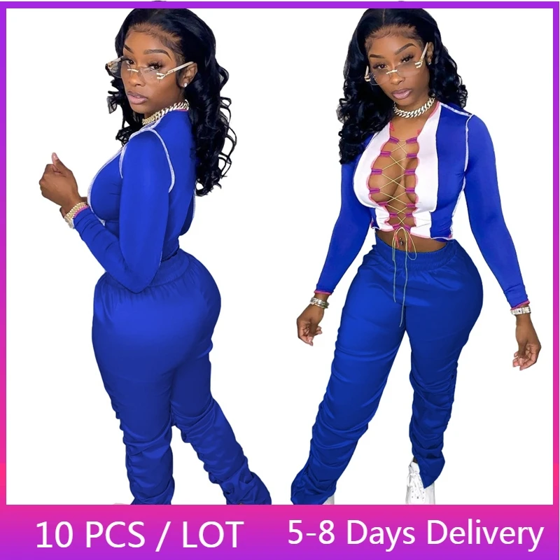 

Сексуальный женский костюм из двух предметов, осенняя одежда, цветной лоскутный укороченный топ на шнуровке, комплекты с расклешенными брюками, бандажный клубный наряд, оптовая продажа