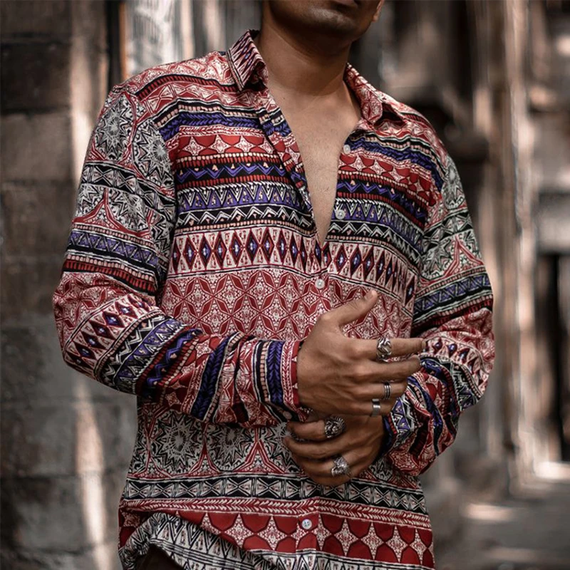 

Vintage Pattern Print Men Shirts Beach Spring Summer Casual Long Sleeve Loose Cardigan Top Button Lapel Shirt Fashion Streetwear