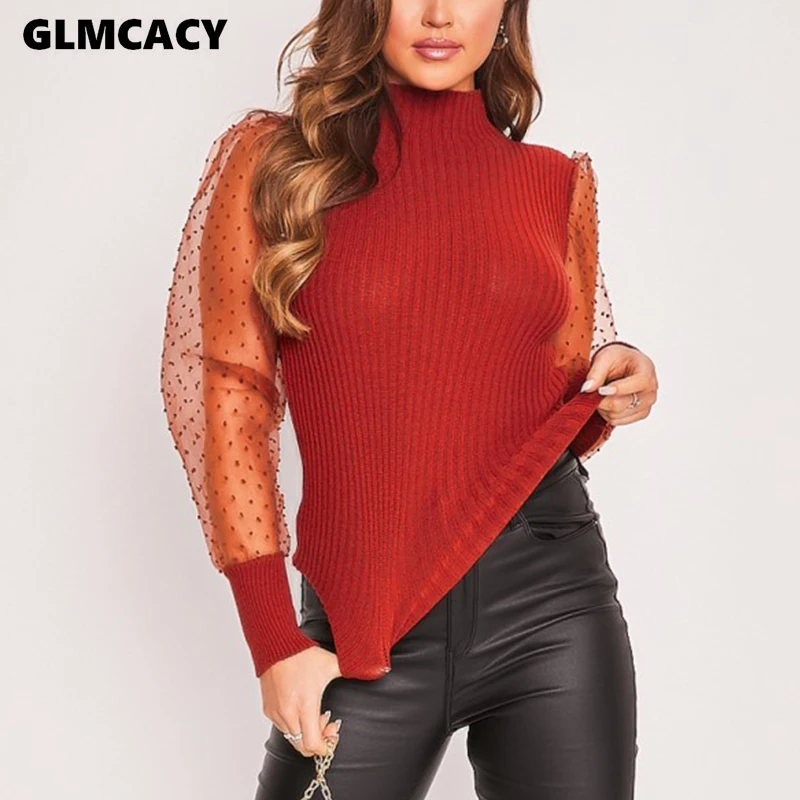 Женские вязаные топы в горошек с сетчатым рукавом пуловер круглым вырезом