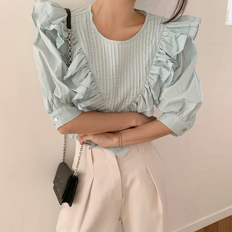 

Women Blouse Chic French Summer O-Neck Heavy Industry Folds Tops Ruffle Stitching Loose Puff Sleeve Shirt Femme