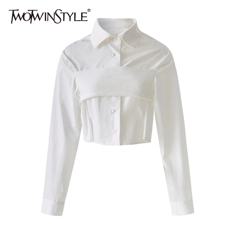 

TWOTWINSTYLE Casual Solid Slim Patchwork Shirt Female White Lapel Long Sleeve Korean Fashion Blouse For Women Autumn 2021 Style