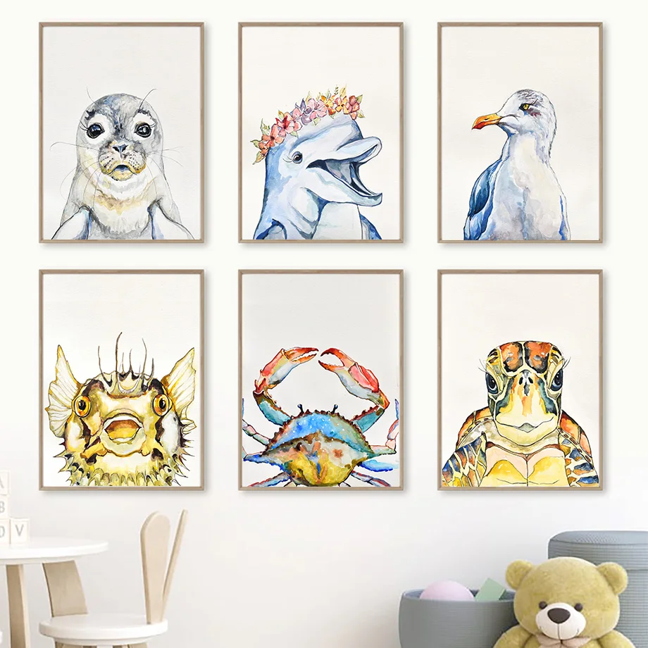 Печать дельфин краб Чайка морская жизнь настенная Картина на холсте