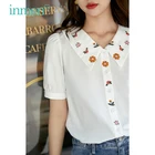 INMAN блузка женская с вышивкой, хлопковая блузка в ретро стиле, с пышными рукавами, с воротником с лацканами, с короткими рукавами, в Литературном стиле, цвет белый, красный, кардиган с пуговицами, на лето