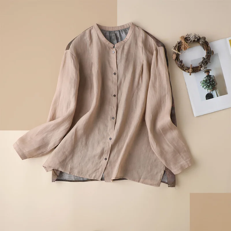 

Shuchan Long Sleeve Blouse Chinese Style Print Ramie O-Neck Ladies Tops Botton Up Shirt Women 2021 Women-blouses