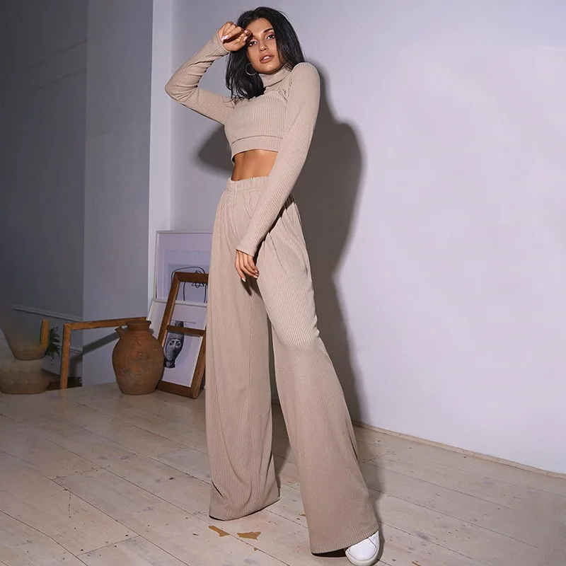 

Fashion High-waist Wide-leg Pants Suit Two-piece Long-sleeved High-necked Tops Street Hipster Slim Suit Casual Sportswear Women