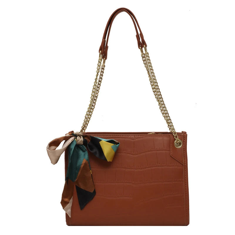

Stone Pattern PU Leather Shoulder Bags For Women Silk Scarf Lady Crossbody Bag Female Fashion Handbags Chain Design Hand Bag