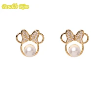 bow pearl cartoon mouse stud earrings alloy material lnlaid zircon earrings gold plated fashion trendy women jewelry gif