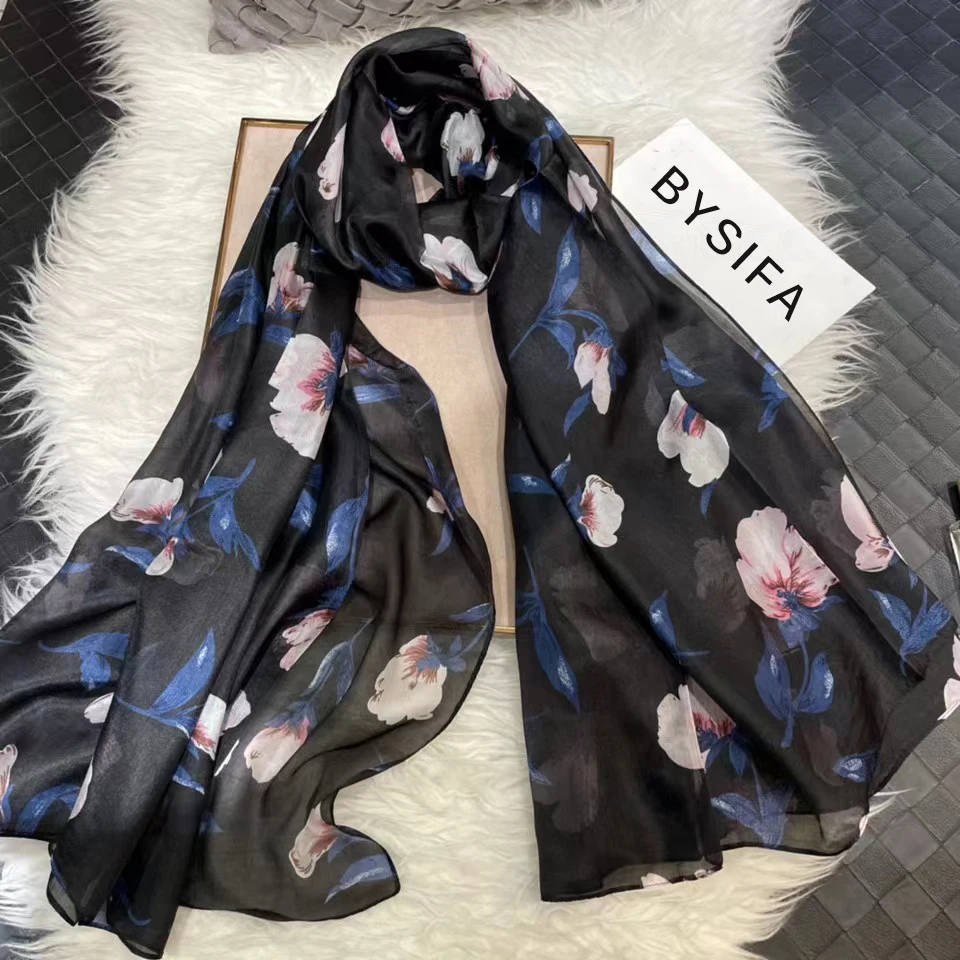 

Fashion 100% Silk Scarf Women Black Pink Flower Scarves Summer Beach Shawls Cover-ups Fall Winter Brand Long Neck Scarves Hijabs