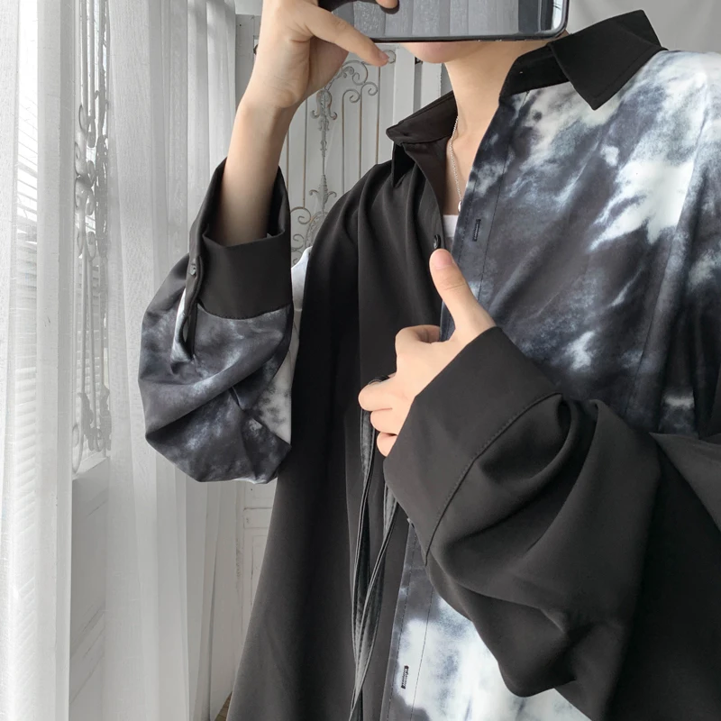 Summer Ice Silk Shirt Men's Fashion Print Casual Shirts Mens Streetwear Society Men Dress Shirt Wild Loose Long-sleeved Shirt