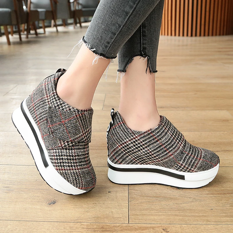 

Platform Ankle Boots for Women 2019 Spring Autumn Gingham Platform Height Increasing Shoes Woman Casual Creepers Sneakers Shoes