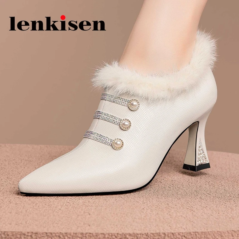 

Lenkisen большой размер натуральная кожа заостренный носок высокие каблуки стразы украшение с жемчугом великолепный норковый мех модные женск...