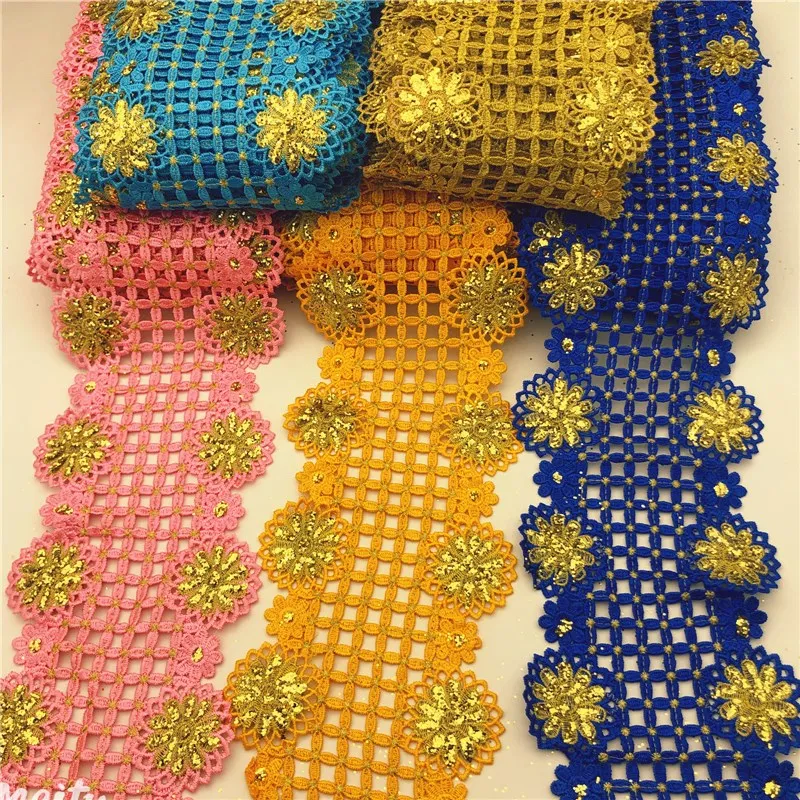 10 ярдов винтажная золотая металлическая вышитая кружевная отделка Нигерия