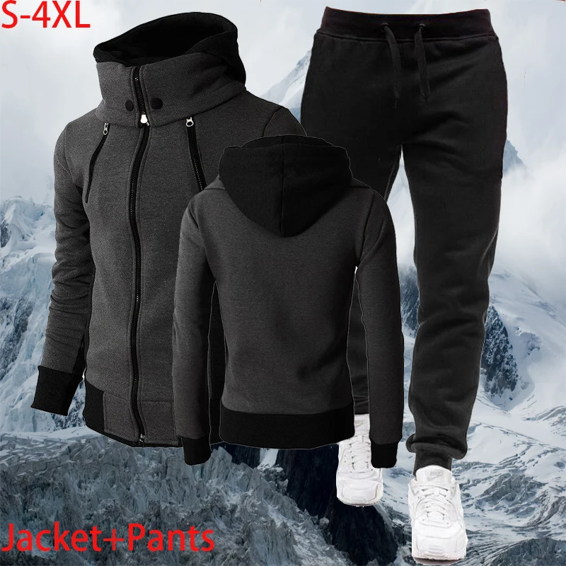 

Casual Tracksuit Sweatshirts Two Piece Set Men Suits Autumn Winter Warm Zipper Coat High Collar Hoodie + Pants Sportswear Male