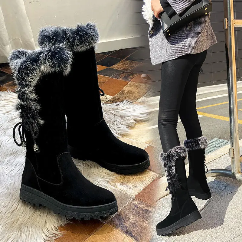 

2021winter New Snow Boots Insulated Cotton-Padded Fleece-Lined Platform Women's Boots Mid-Calf for Women Lace-up Flanging Plush