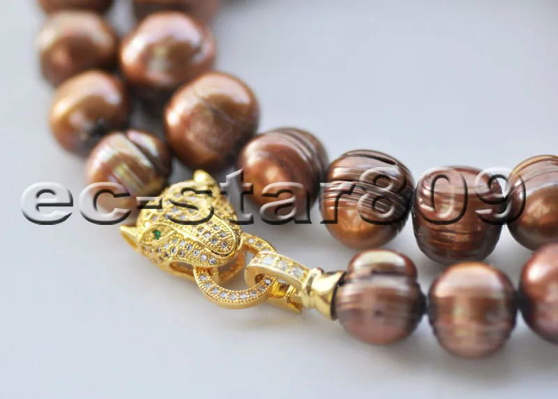 

P6695 17" 13mm Coffee Round Screw Freshwater PEARL Necklace CZ Cougar Choker