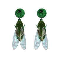 cute green glitter cicada acrylic drop earrings for women long wings insect dangle earrings fashion party jewelry accessories