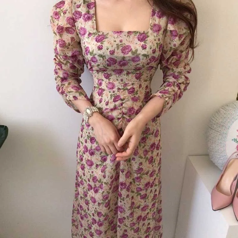 

Elegant Ladies Floral Print Dress Korean Party Holiday One-Piece Fashion Dresses 2021 Spring Autumn Women Slim Long Sleeve Dress