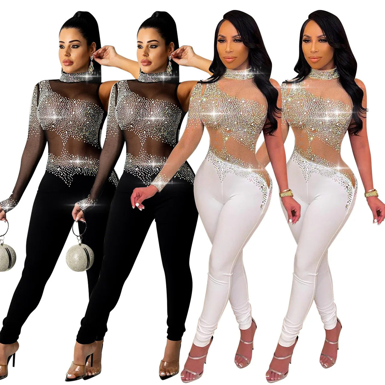 

Nightclub Women One Piece Hot Stamping Jumpsuits Sexy Lady Turtleneck One Sleeve Bodycon Mesh Patchwork Rompers Clubhouse Party