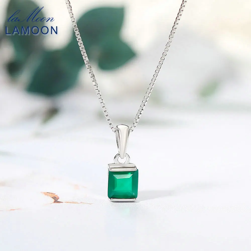 LAMOON 925 Silver Necklace For Women Natural Mini Square Chalcedony Pendant Silver Chain 18K Gold Plated Fine Jewelry NI039