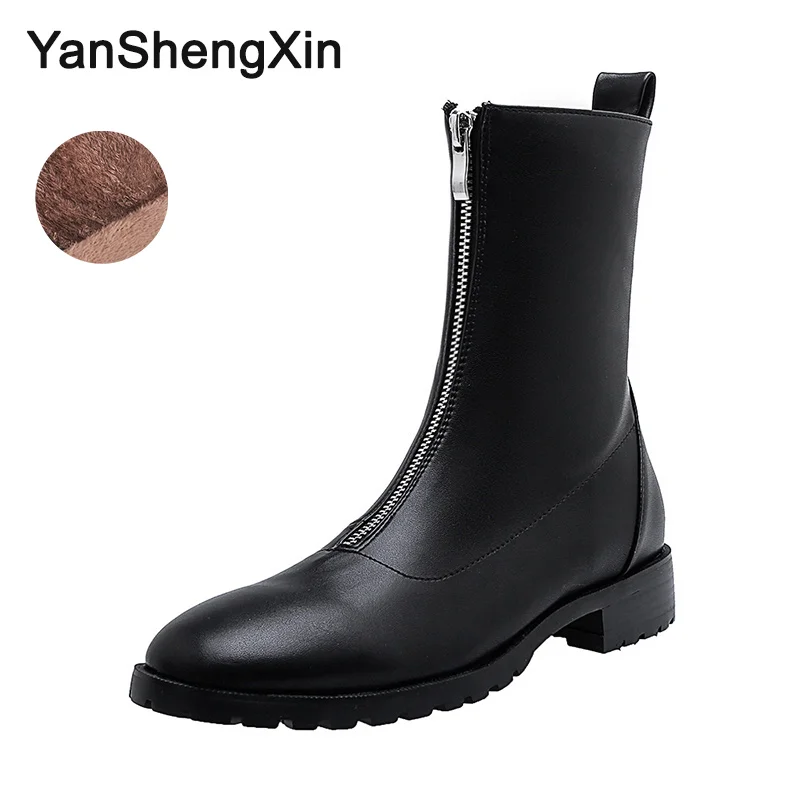 Black Pu Fur YANSHENGXIN/Женская обувь; женские ботинки; Ботинки martin на молнии спереди в интернете; женская обувь на плоской подошве; ботинки осень-зима; женские ботинки - Цвет: Black Pu Fur
