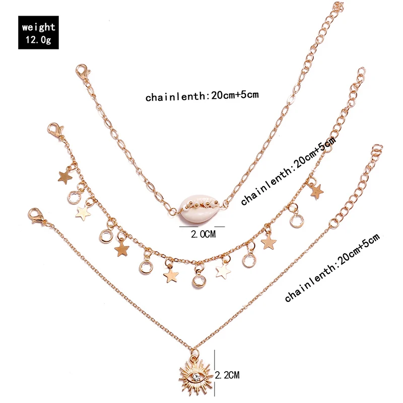 3 Pcs/Set Retro Women Anklets Eyes Sun Flower Shell Beads Stars Crystal Tassel Pendant Gold Anklet Barefoot Beach Party Jewelry | Украшения