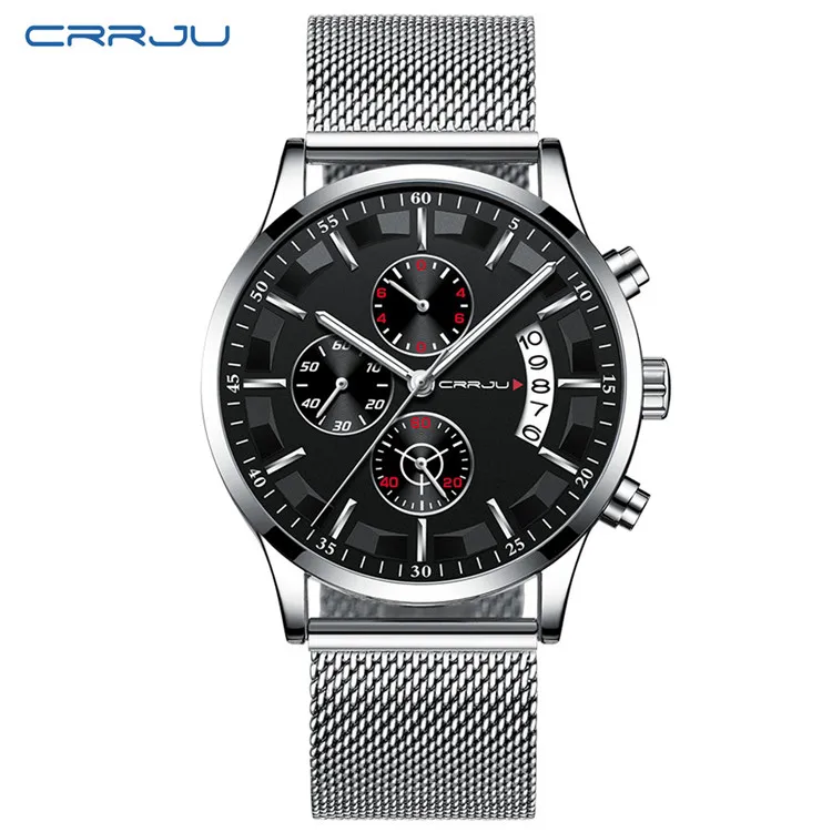 M Silver Black CRRJU Топ люксовый бренд для мужчин бизнес аналоговые кварцевые часы из нержавеющей стали ремешок наручные часы Relogio Masculino часы Horloges Hours - Цвет: M Silver Black