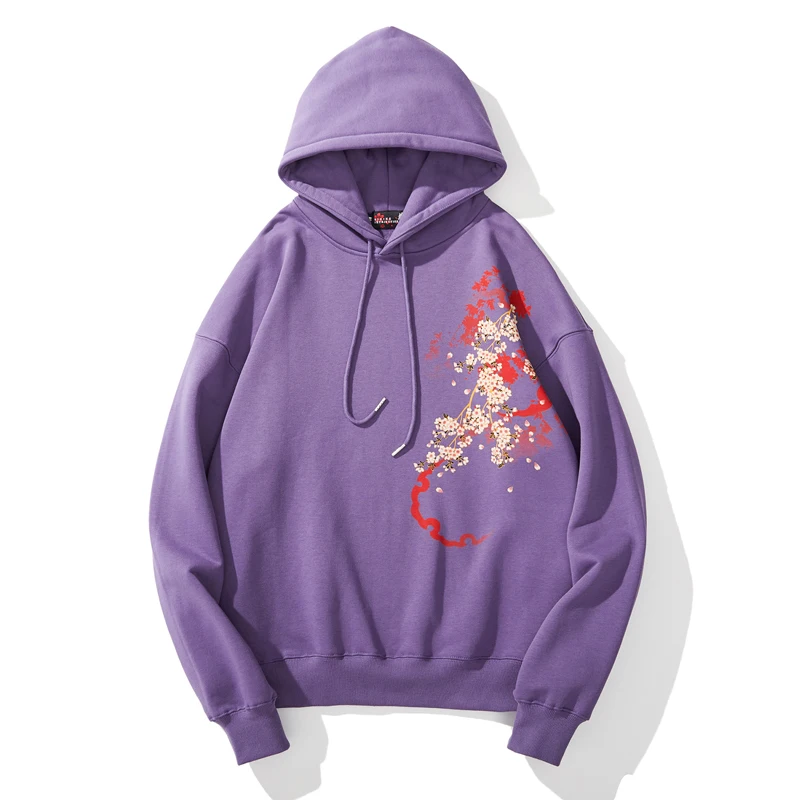 Makuluya Men Boys Fashion Streetwear Spring Autumn Velvet Lining Pullover Hoodies Geisha chrysanthemum Sakura Printed Pattern L