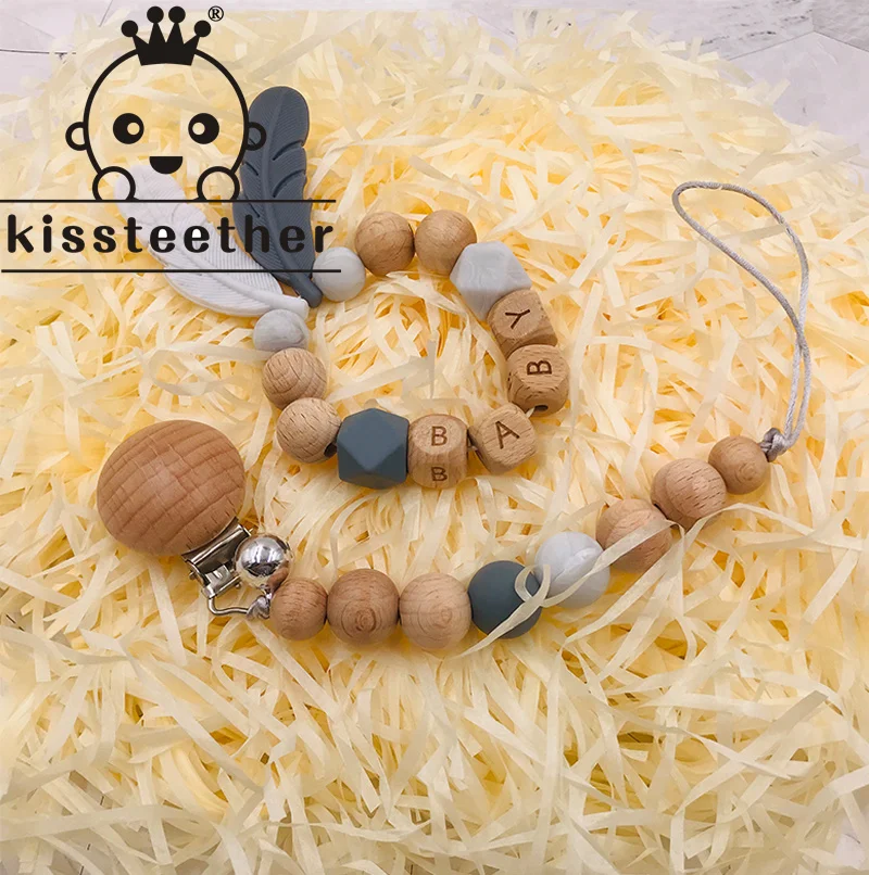 

Kissteether Wooden Pacifier Chain Clip Personalized Pacifier Baby Bracelet Safety Silicone Feather Teething Chain Baby Products