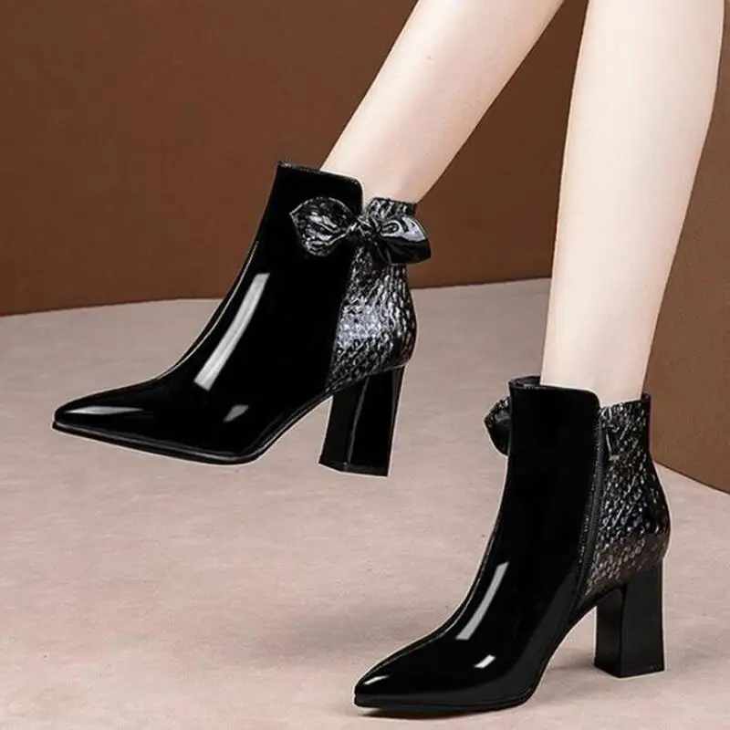 Женские ботинки Модные черно красного цвета с бантом вечерние туфли лодочки