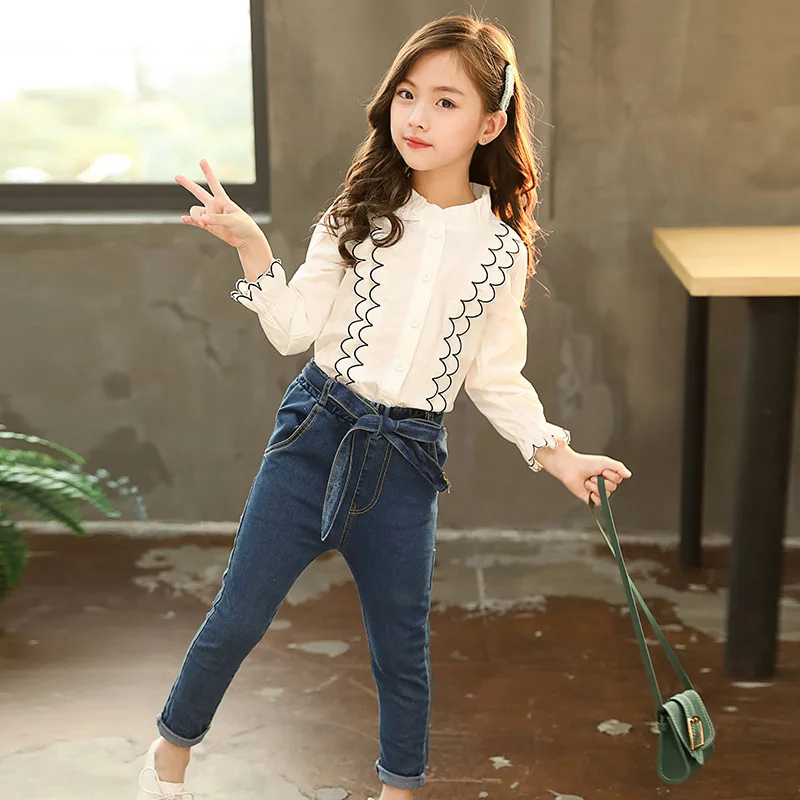 

Children's Clothing Suit Autumn New 2018 Kids Girls Korean Style Long-sleeved Print Lace Shirt + Denim Pants 2PCS Sets CLS207