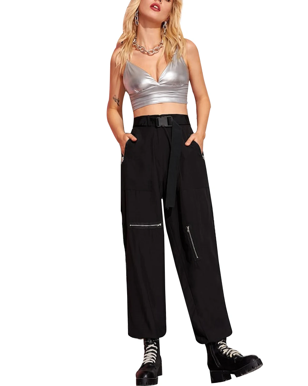 Женские длинные брюки карго в стиле хип хоп черные свободные милитари армии