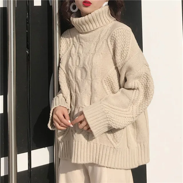 Корейский Harajuku свитер с высоким воротом женские милые Свободные Твист толстые