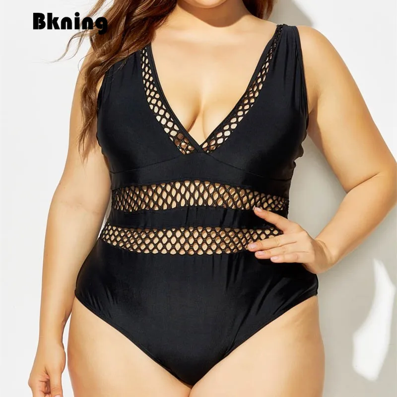 Размера плюс слитный купальник Женский Большой пикантный черный Maio большие
